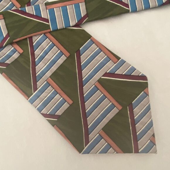 Milano Silk Neck Tie Multicolor Geometric Diagonal Triangles Horizontal Stripes - Picture 3 of 6